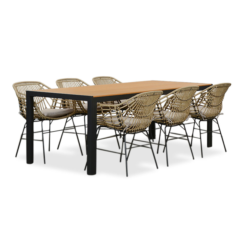 Manchester Natural/Charlotte dining tuinset | 6 personen | polywood + wicker | 205cm afbeelding
