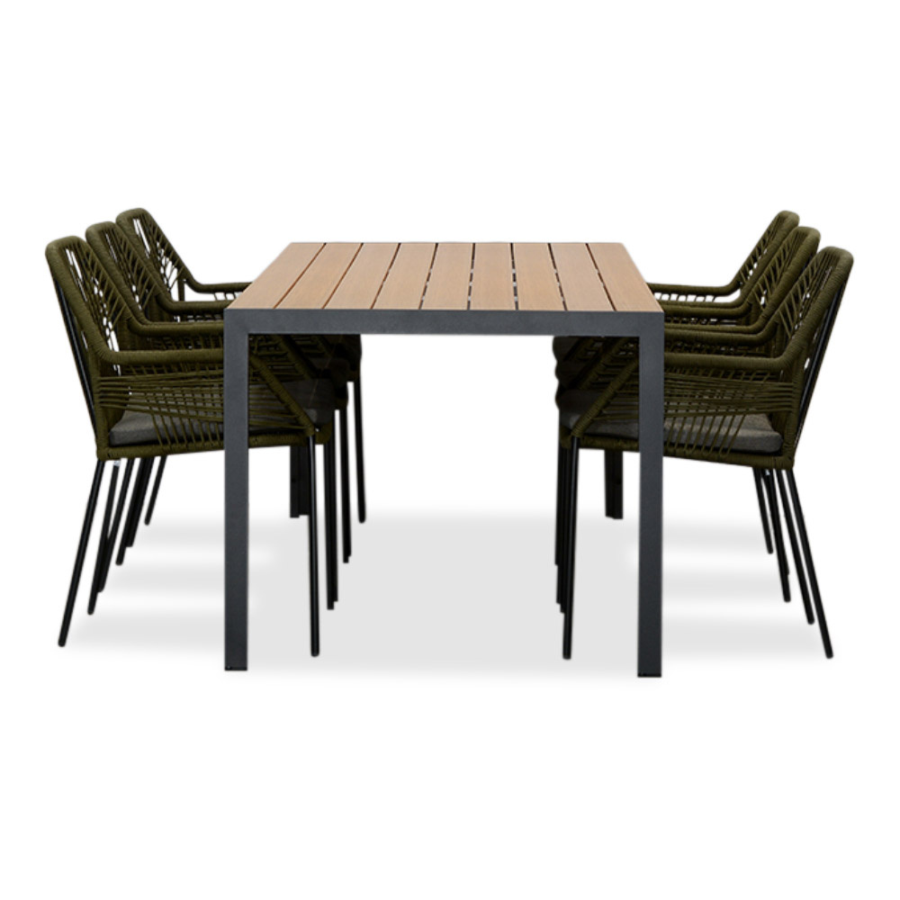 Manchester Natural/Seville olijfgroen dining tuinset | 6 personen | polywood + aluminium | 205cm