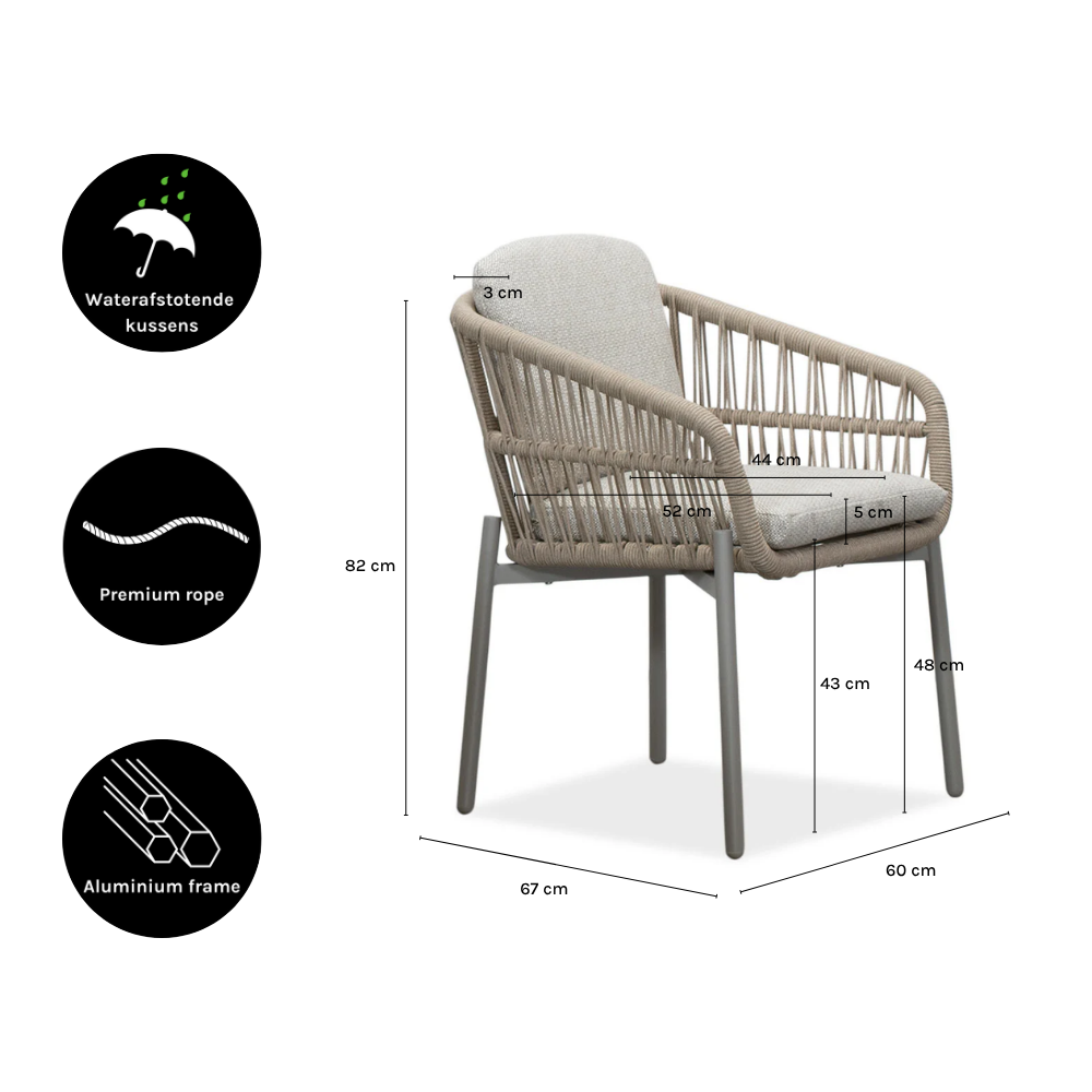 Rico dining tuinstoel | aluminium + touw | zand