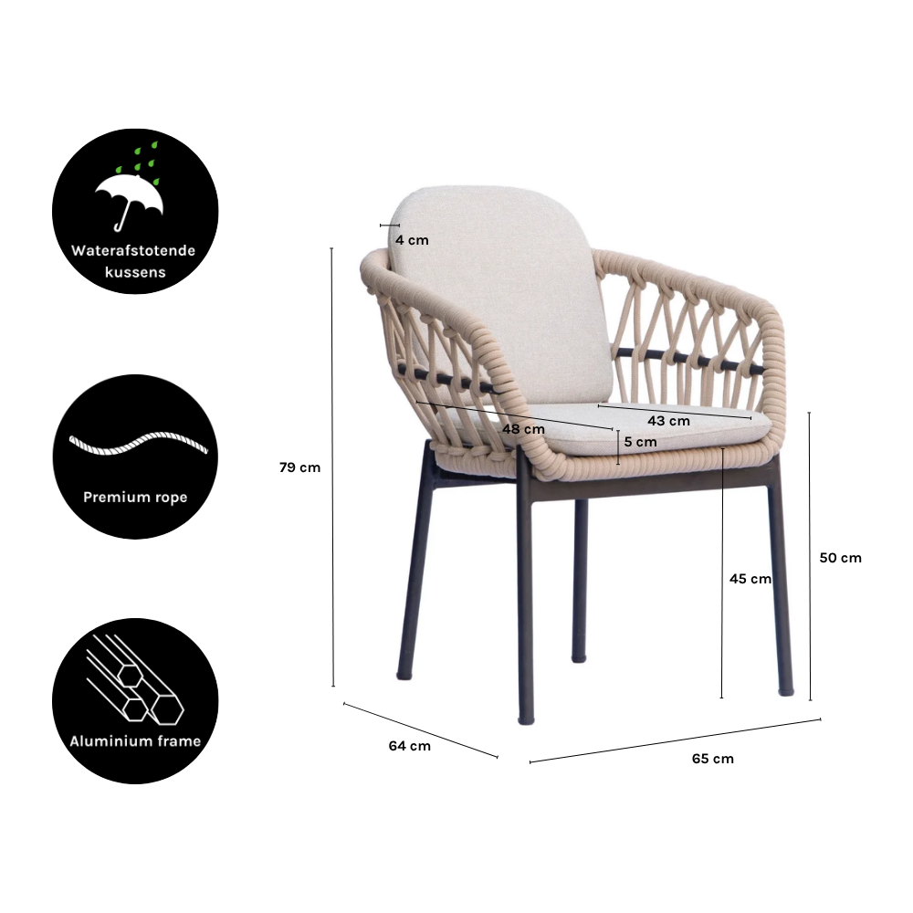 Kos dining tuinstoel | touw + aluminium | zand