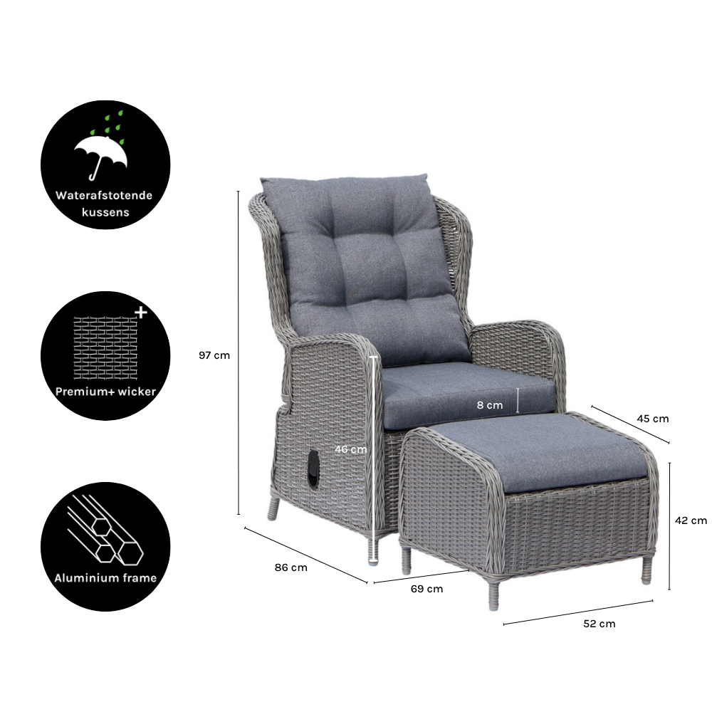 Glasgow loungestoel tuin met voetenbank | wicker + aluminium | Blended Grey