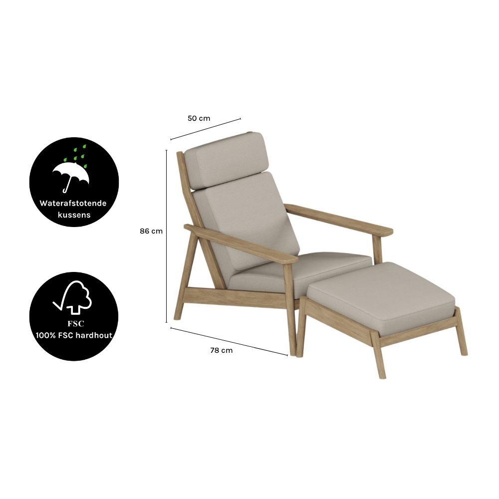 Maywood loungestoel tuin met voetenbank | hardhout | Light Brown