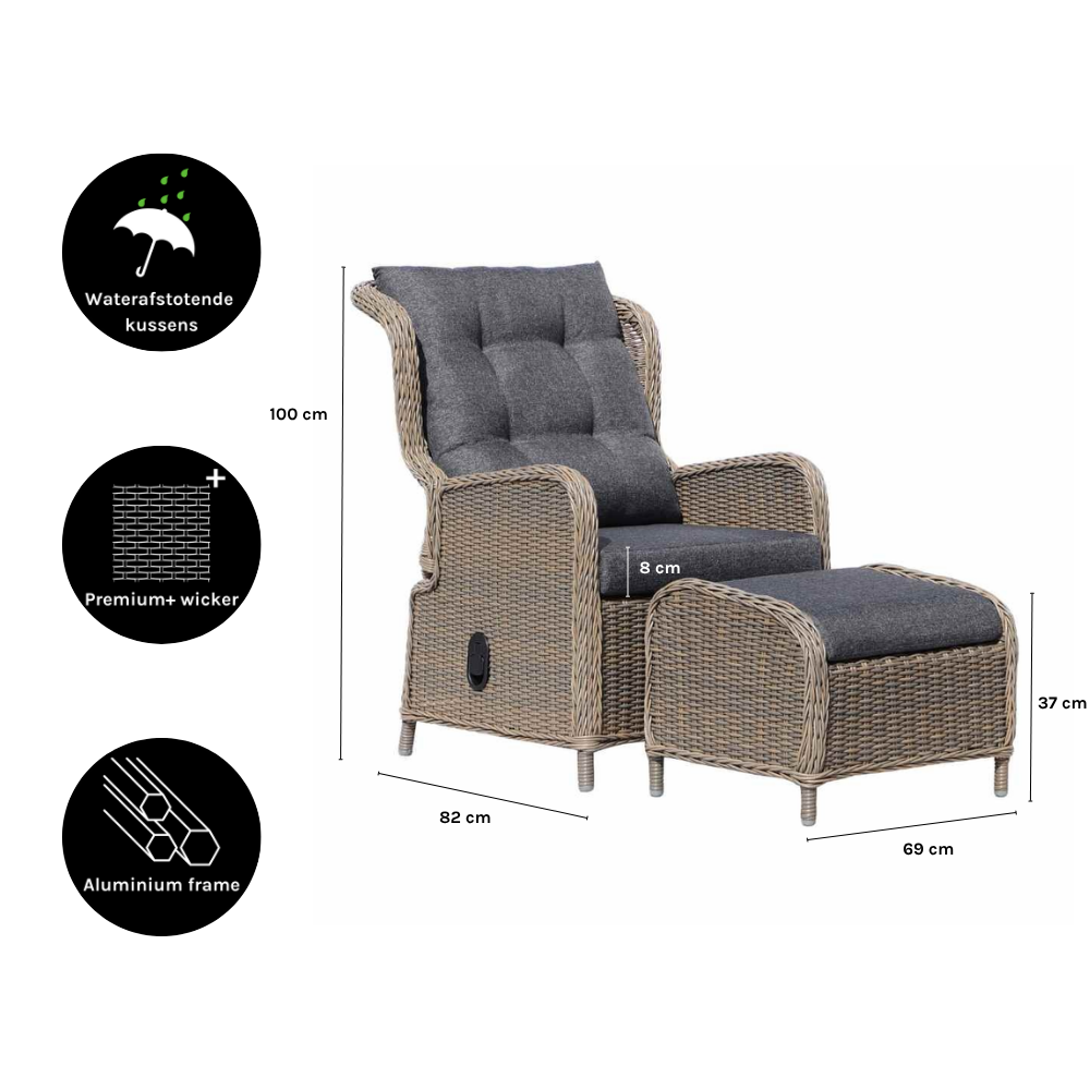 Glasgow loungestoel tuin met voetenbank | wicker + aluminium | Ash Grey