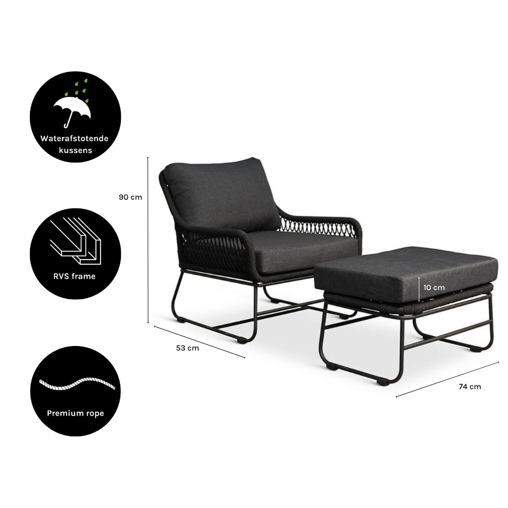 Portofino loungestoel tuin met voetenbank | touw + RVS | zwart