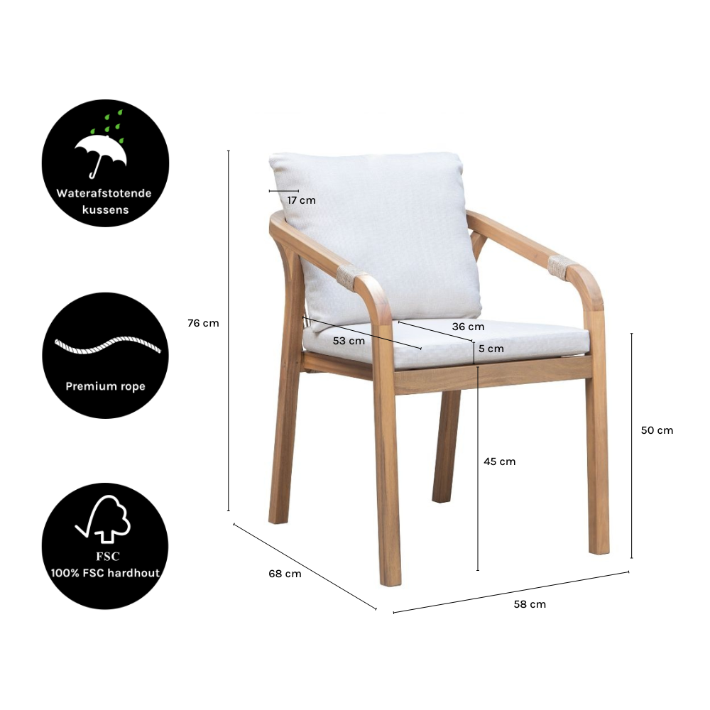 Bergamo dining tuinstoel | touw + hardhout | zand