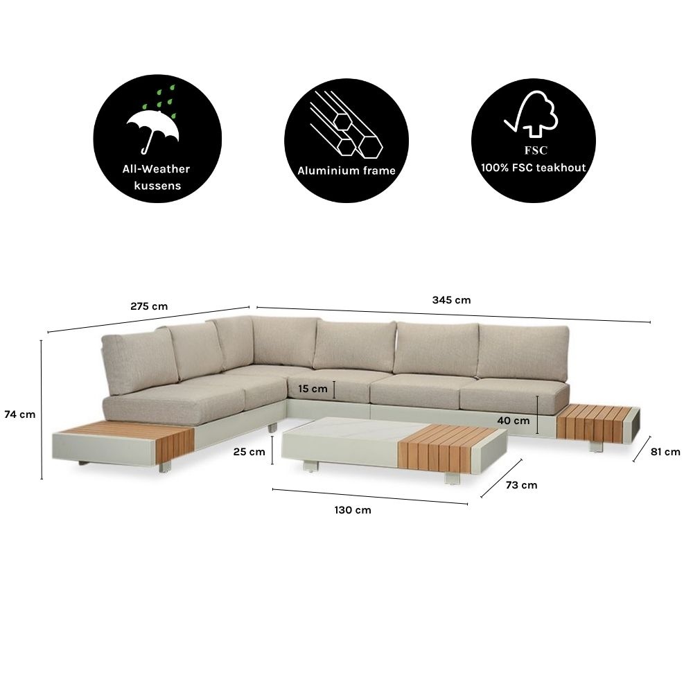 Verona hoek loungeset met all weather kussens 6 personen | aluminium + teakhout | beige | 4-delig - 345x275cm