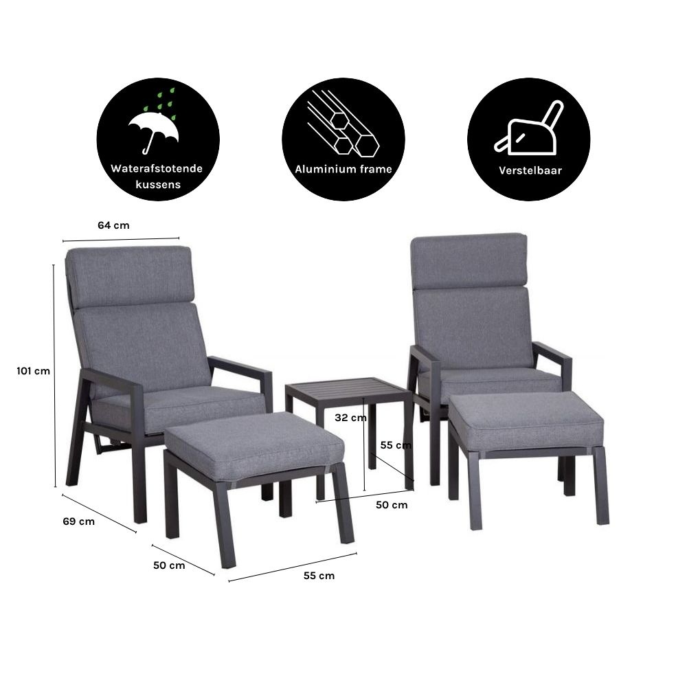 Oregon lounge balkonset - verstelbaar 2 personen | aluminium | antraciet | 5-delig