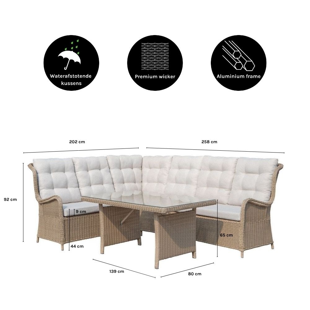 Glasgow dining loungeset 6 personen | wicker | Royal Sand | 5-delig - 258x202cm