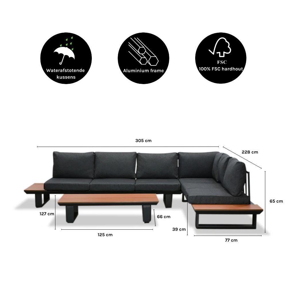 Nevada hoek loungeset 6 personen | aluminium + polywood | antraciet | 3-delig - 305x228cm