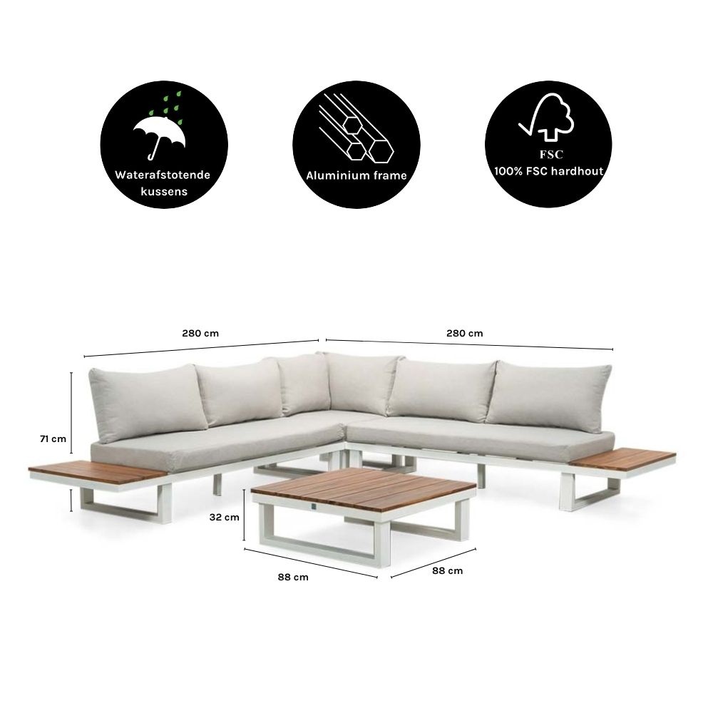 Canyon hoek loungeset 5 personen | aluminium + hardhout | wit/Light Teaklook | 4-delig - 288x288cm