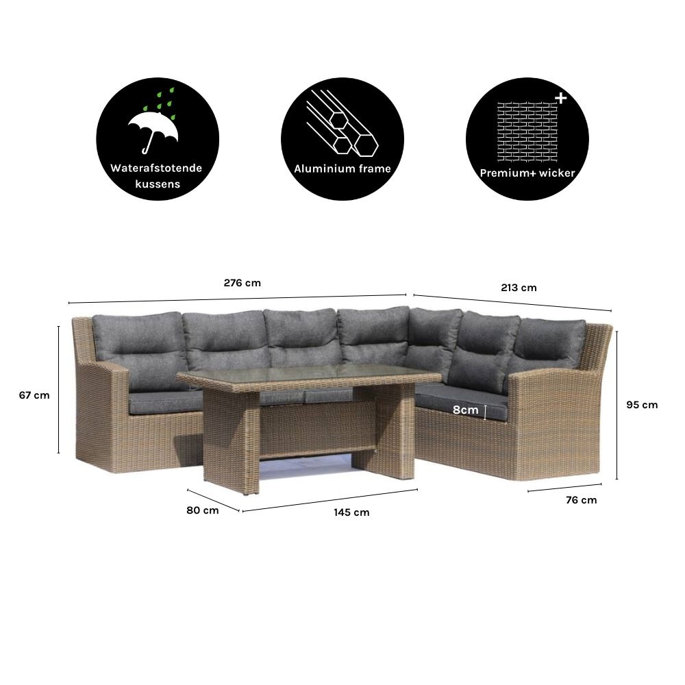 Merano dining loungeset 6 personen | wicker + aluminium | Ash Grey | 5-delig - 276x213cm