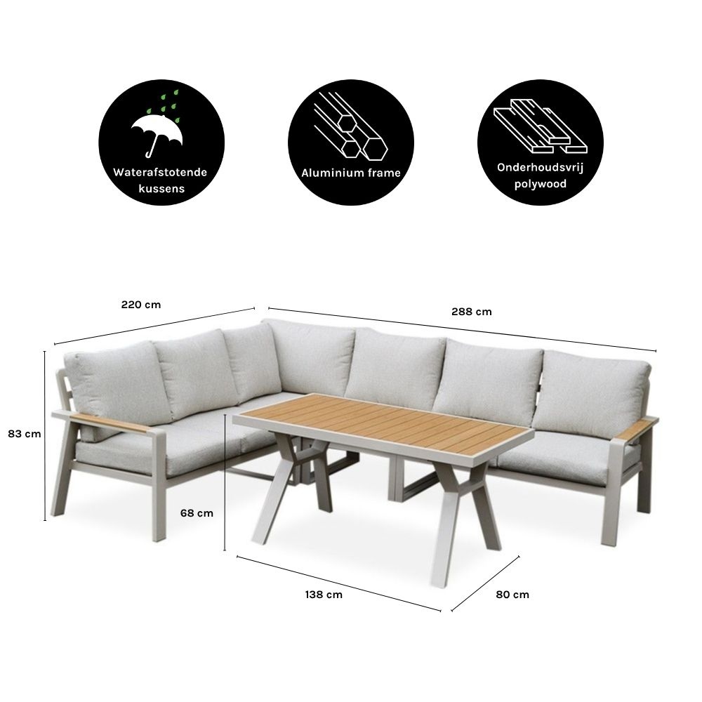 Lola dining loungeset 6 personen | aluminium + polywood | beige | 3-delig - 288x220cm