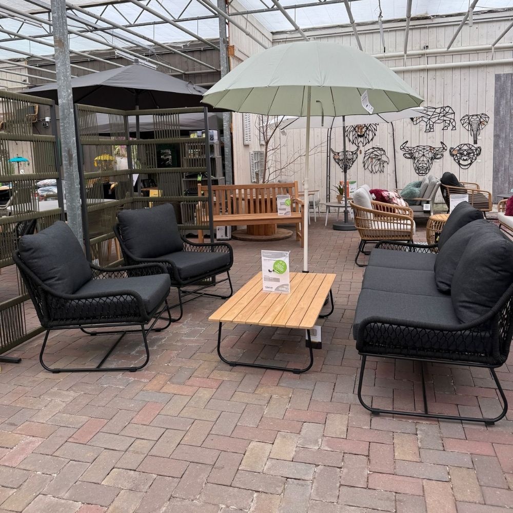 Portofino stoel-bank loungeset 5 personen | aluminium + teakhout | zwart | 4-delig