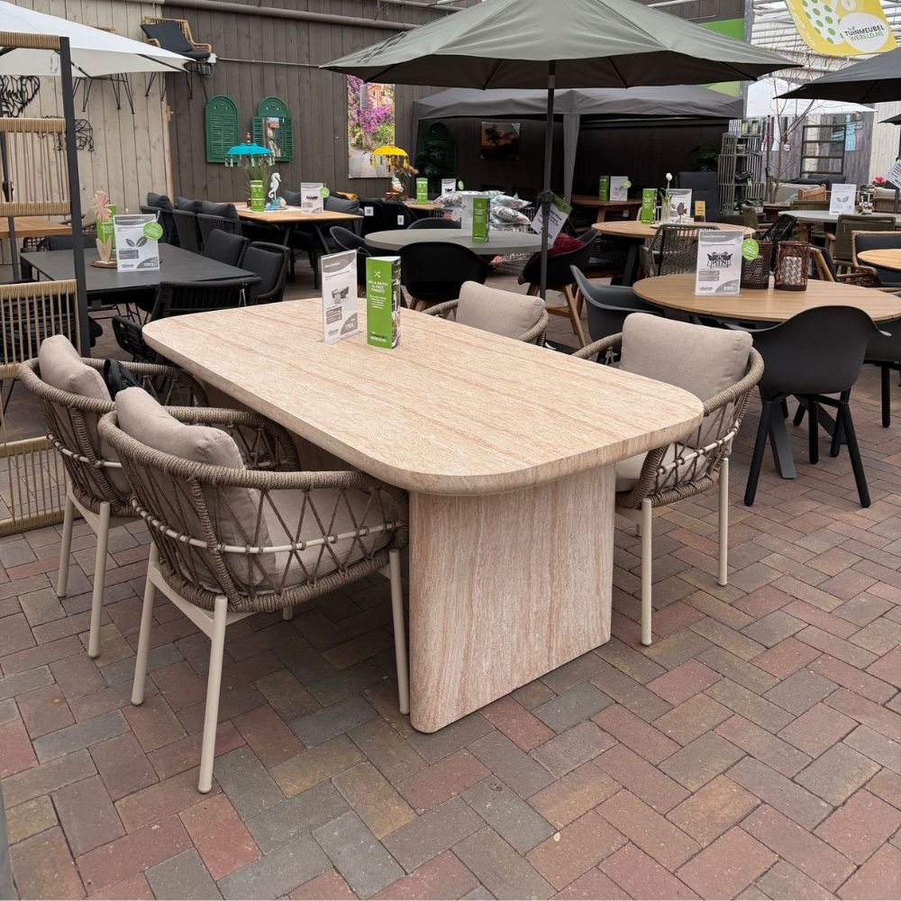 Mees/Dakota beige/wit dining tuinset | 4 personen | travertin + touw | 200cm