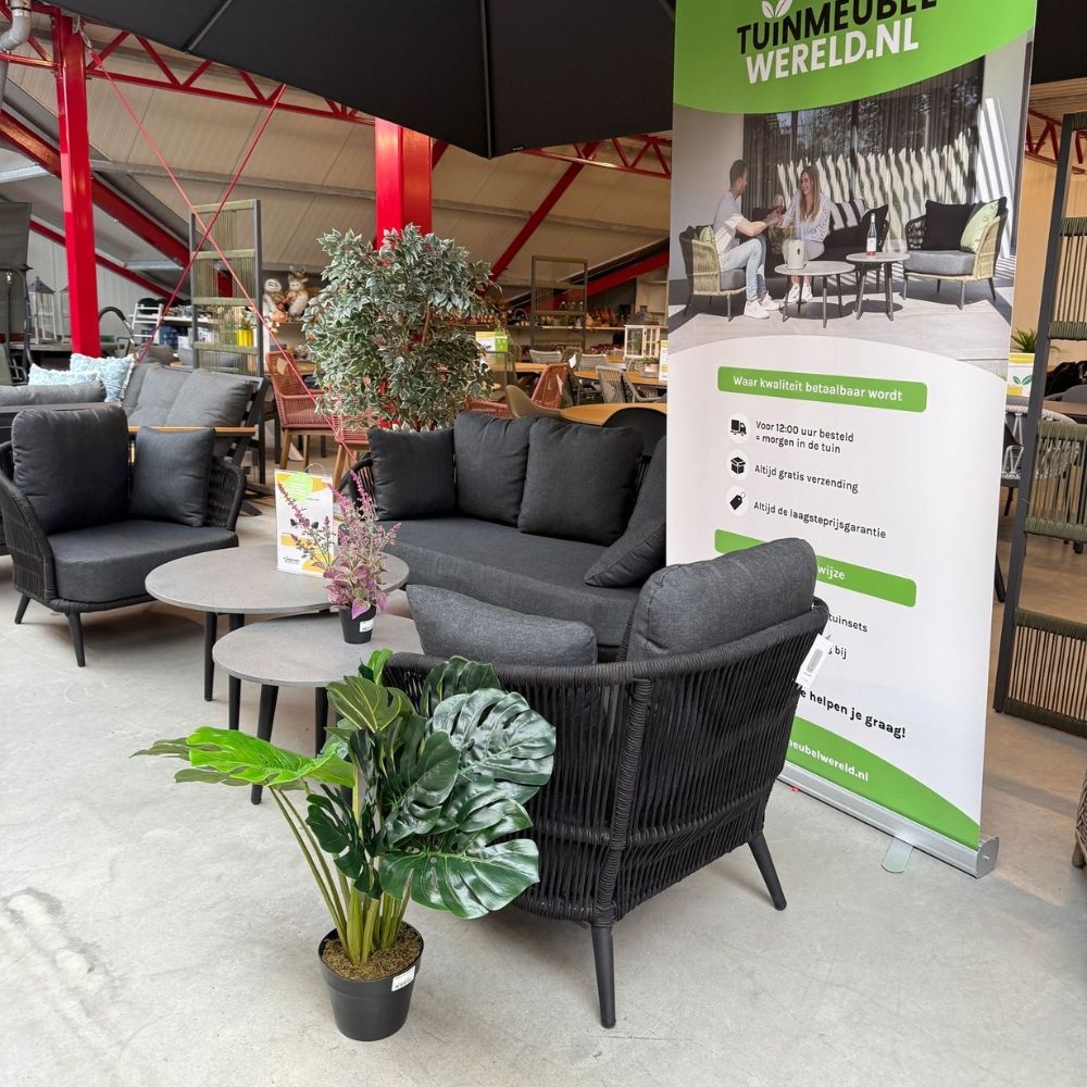 Palermo stoel-bank loungeset met betonlook tafel 5 personen | aluminium + touw | zwart | 5-delig