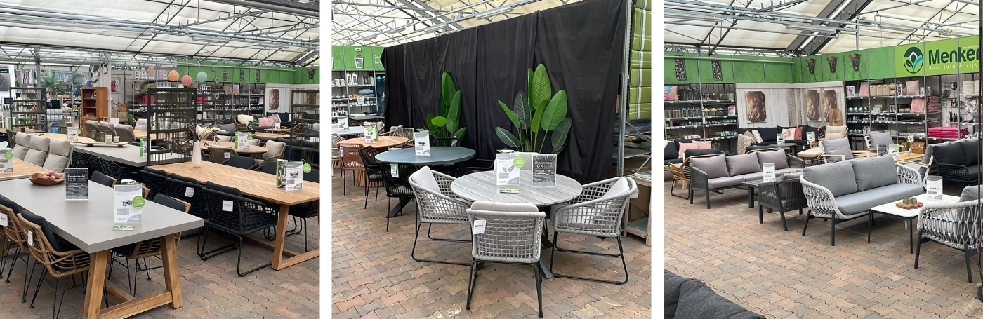Tuinmeubelen assortiment showroom Haule