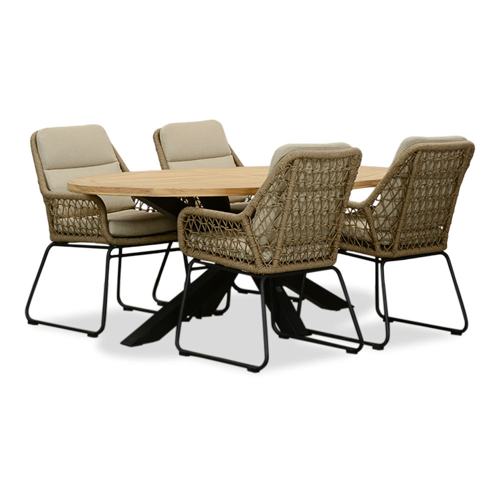 Cleve/Valencia Sahara Dust dining tuinset | 4 personen | teakhout + touw | 200cm ovaal afbeelding