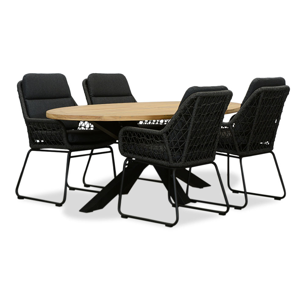 LUX outdoor living Cleve/Valencia Lava Grey dining tuinset | 4 personen | teakhout + touw | 200cm ovaal – Grijs