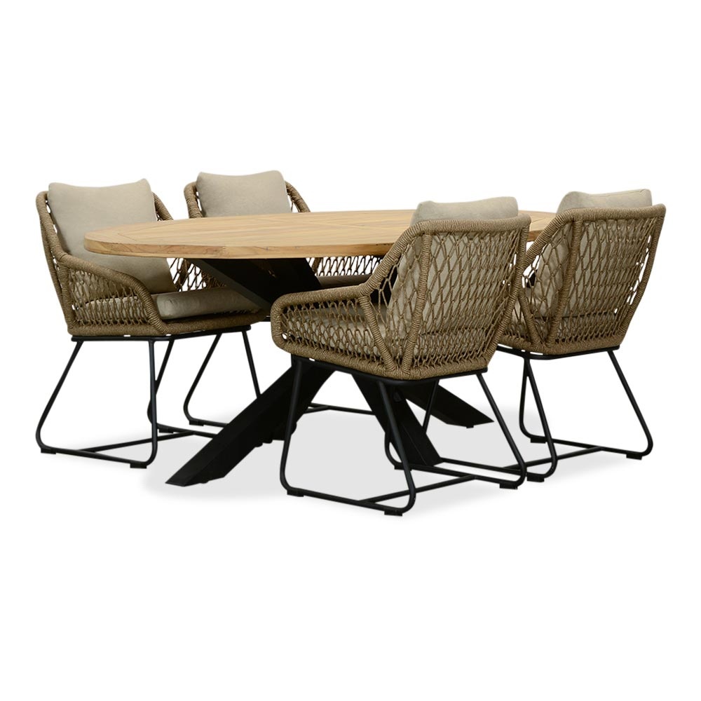 Cleve/Portofino Sahara Dust dining tuinset | 4 personen | teakhout + touw | 200cm ovaal afbeelding