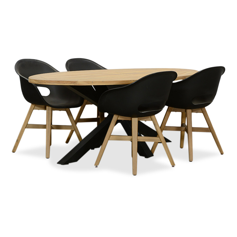 Cleve/Karlstad zwart dining tuinset | 4 personen | teakhout + kunststof | 200cm ovaal