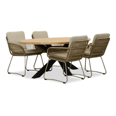 Cleve/Harper Sandstone dining tuinset | 4 personen | teakhout + touw | 200cm ovaal
