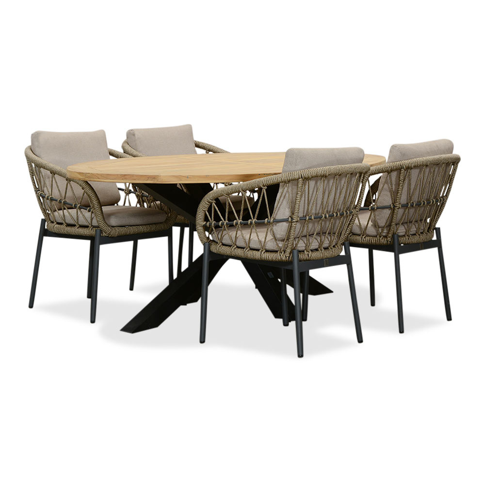 Cleve/Dakota beige/antraciet dining tuinset | 4 personen | teakhout + touw | 200cm ovaal