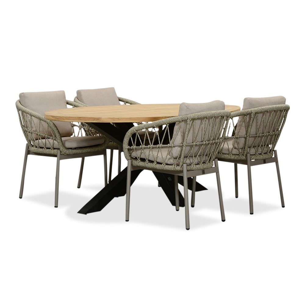 Cleve/Dakota beige dining tuinset | 4 personen | teakhout + touw | 200cm ovaal