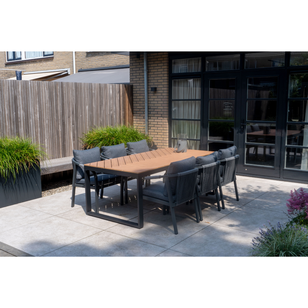 Cortona Grey/Calgary antraciet dining tuinset | 6 personen | polywood + touw | 220cm