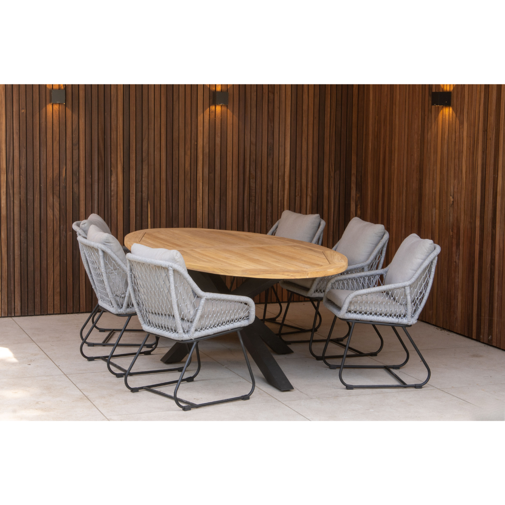 Cleve/Portofino grijs dining tuinset | 4 personen | teakhout + touw | 200cm ovaal