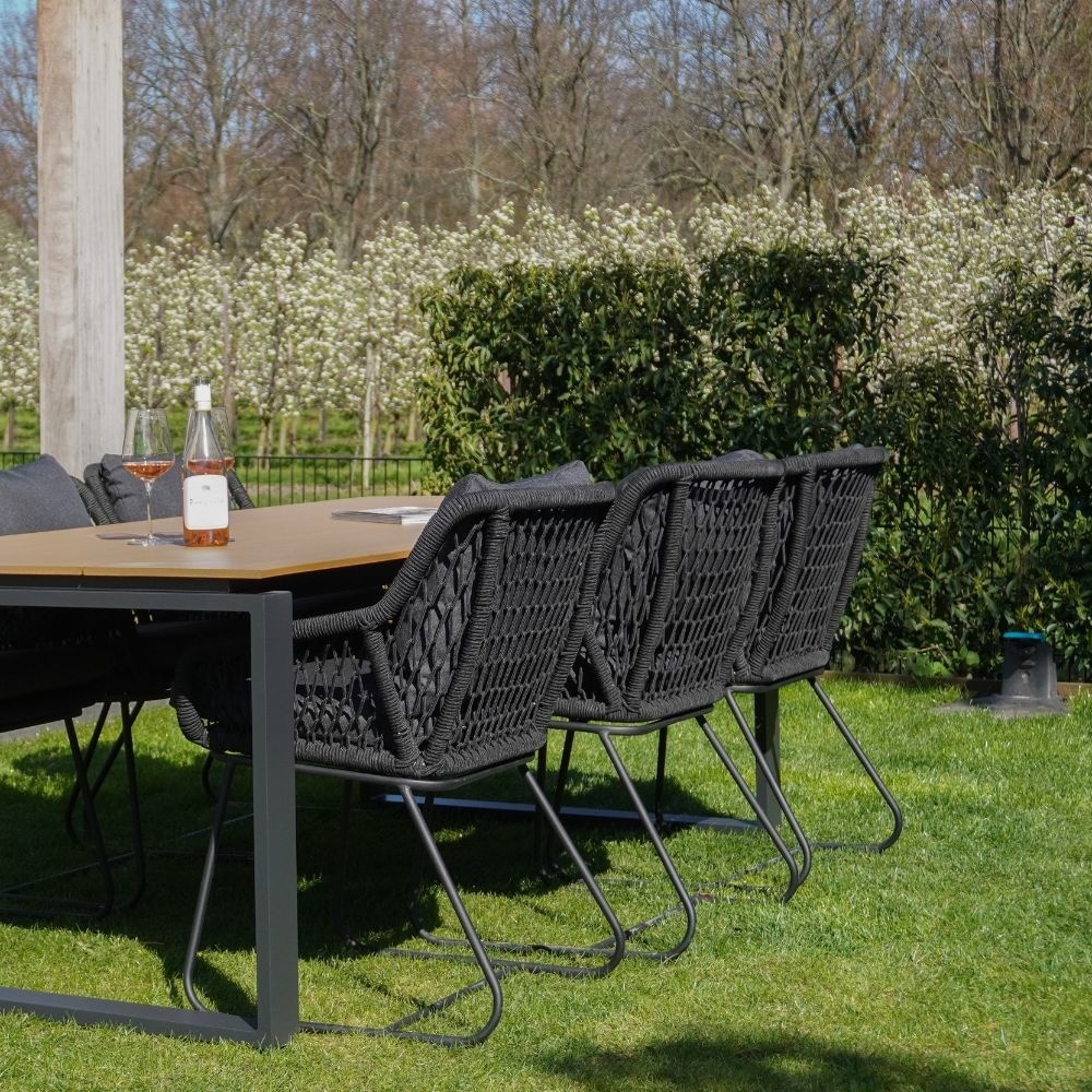 Vigo/Portofino zwart dining tuinset | 4 personen | teakhout + touw | 200cm