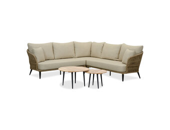 Palermo hoek loungeset met teak tafels 5 personen | aluminium + touw | Sahara Dust | 6-delig - 230x230cm