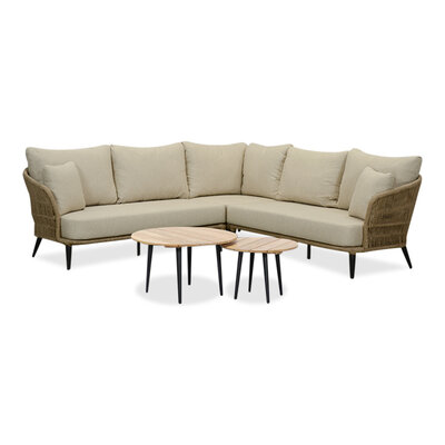 Palermo hoek loungeset met teak tafels 5 personen | aluminium + touw | Sahara Dust | 6-delig - 230x230cm