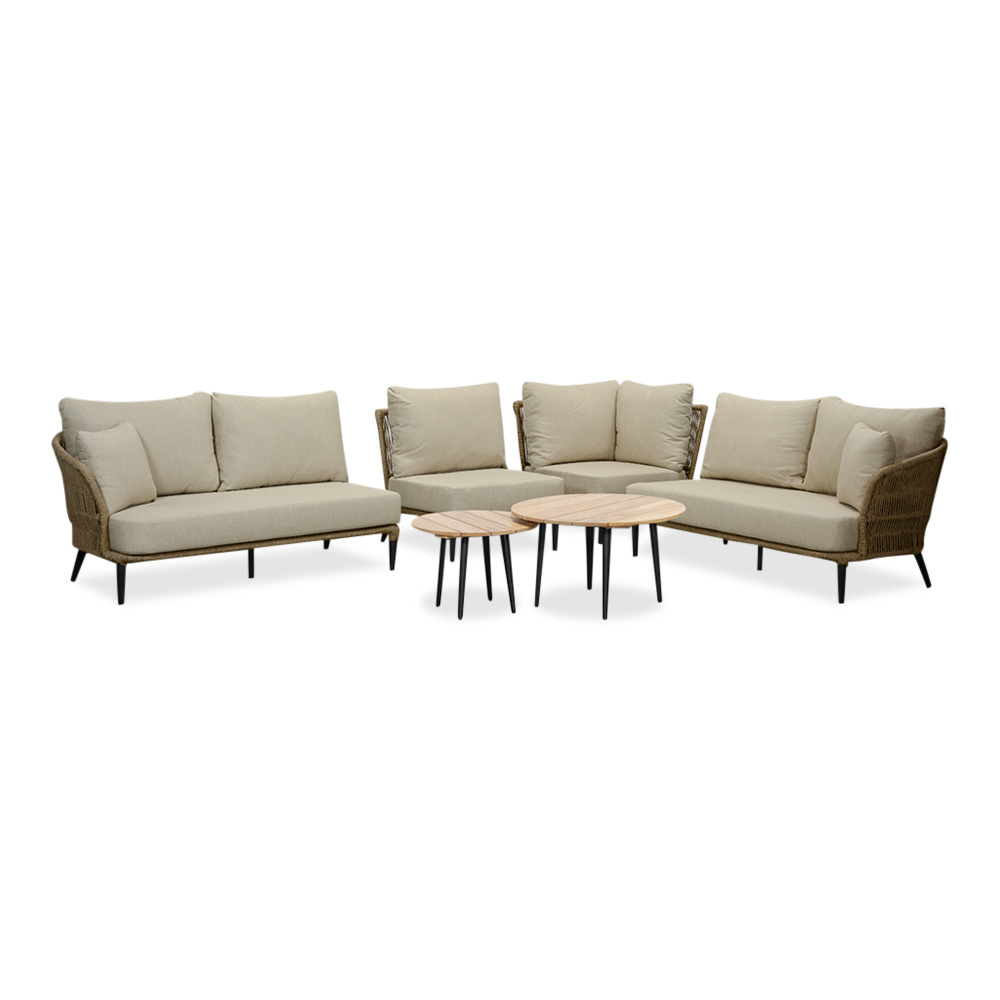 Palermo hoek loungeset met tussenmodule & teak tafels 6 personen | aluminium + touw | Sahara Dust | 7-delig - 230x294cm