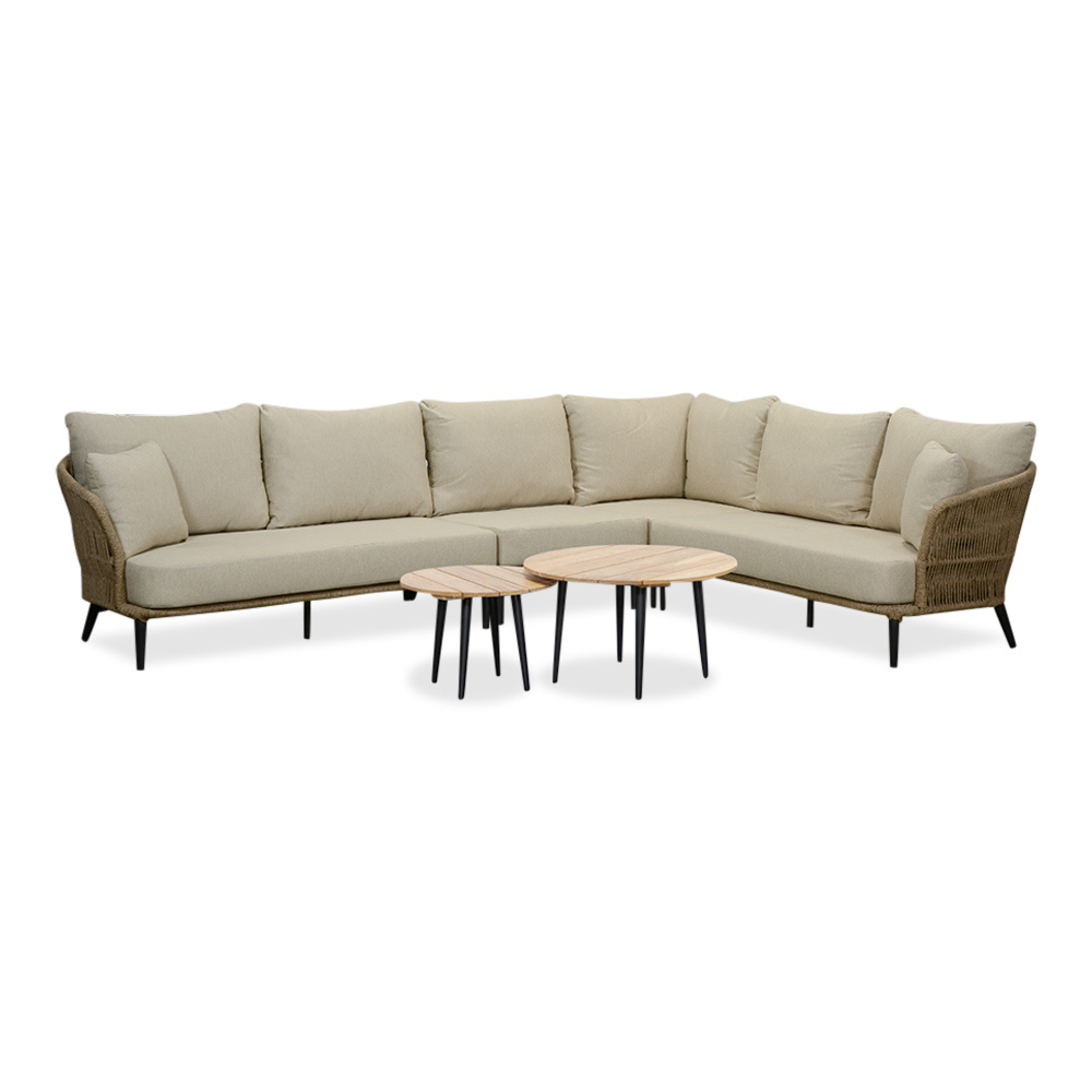 Palermo hoek loungeset met tussenmodule & teak tafels 6 personen | aluminium + touw | Sahara Dust | 7-delig - 230x294cm