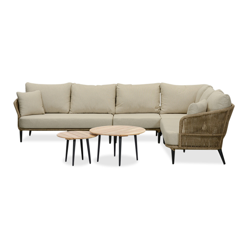 Palermo hoek loungeset met tussenmodule & teak tafels 6 personen | aluminium + touw | Sahara Dust | 7-delig - 230x294cm