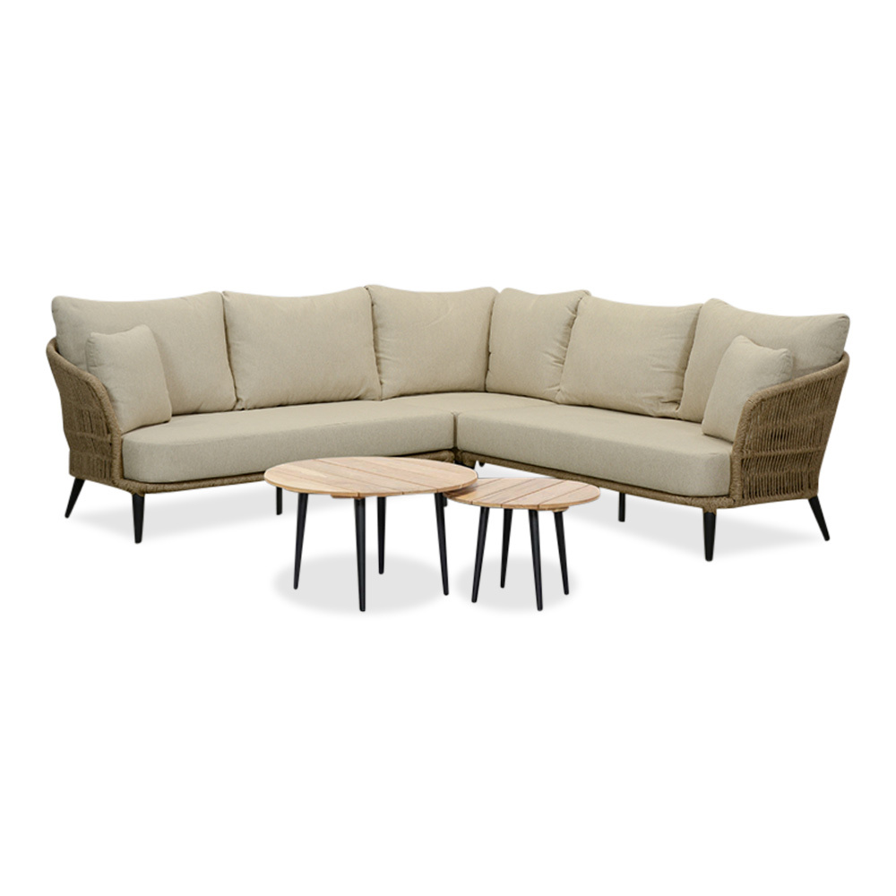 Palermo hoek loungeset met tussenmodule & teak tafels 6 personen | aluminium + touw | Sahara Dust | 7-delig - 230x294cm