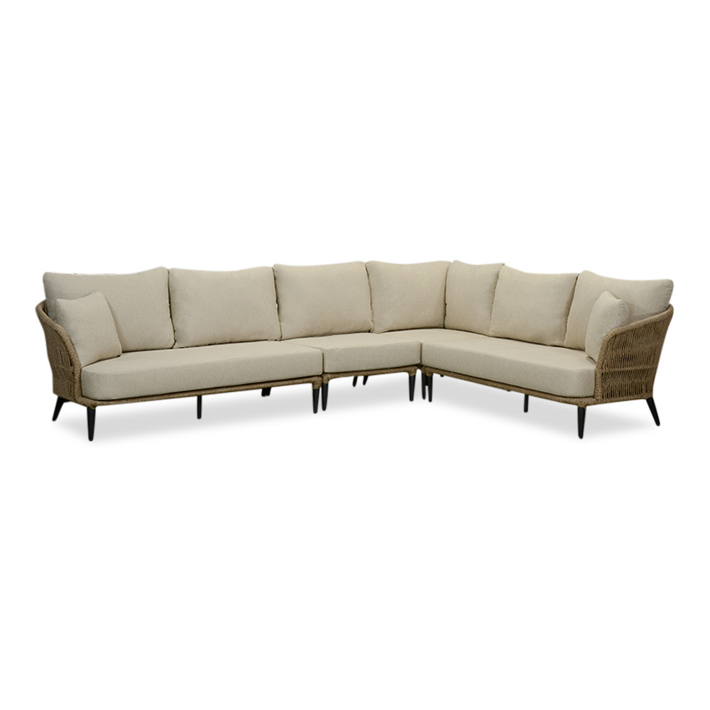 Palermo hoek loungeset met tussenmodule & teak tafels 6 personen | aluminium + touw | Sahara Dust | 7-delig - 230x294cm