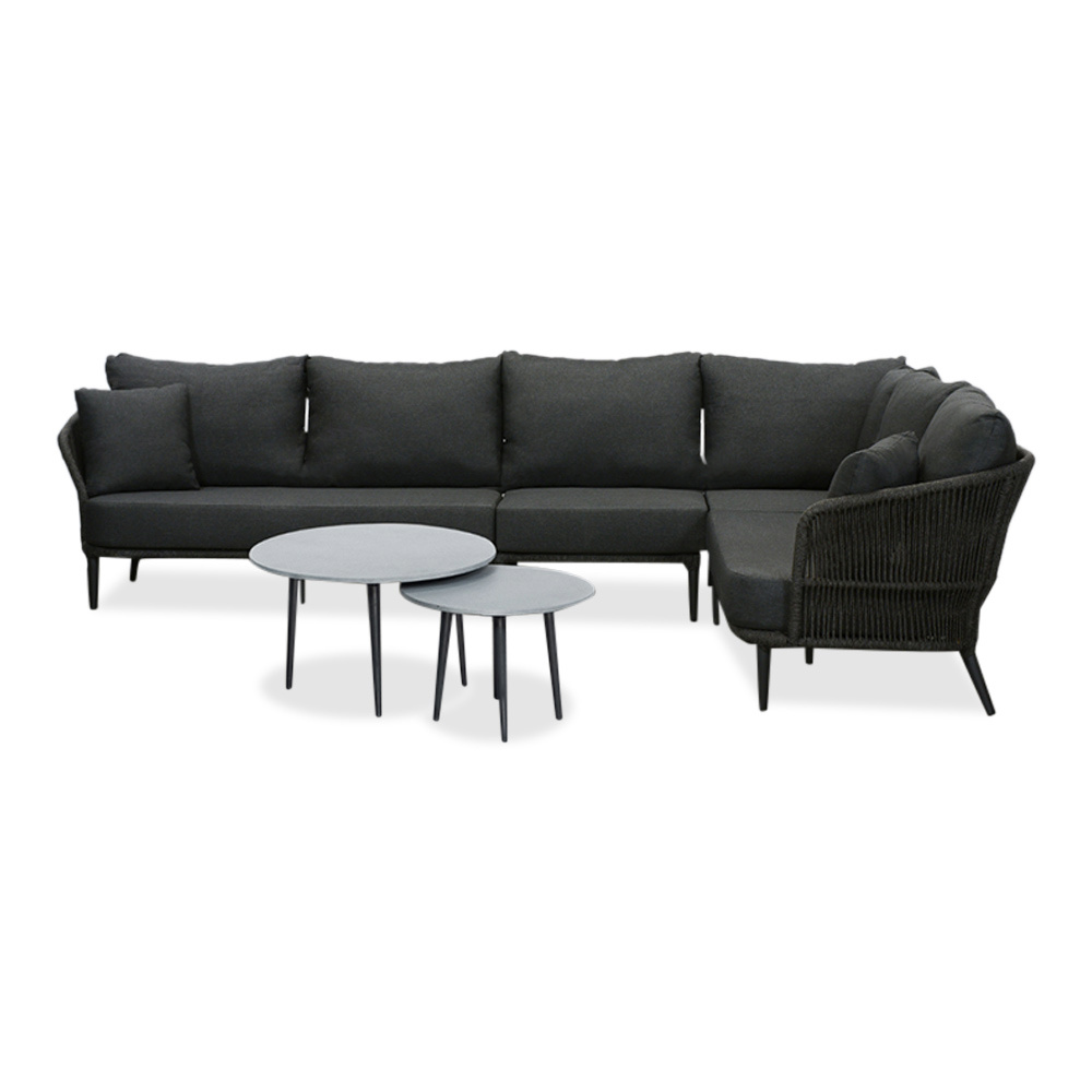Palermo hoek loungeset met tussenmodule & betonlook tafels 6 personen | aluminium + touw | Lava Grey