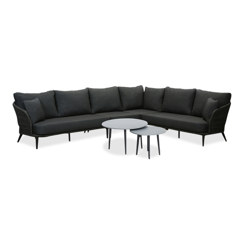 Palermo hoek loungeset met tussenmodule & betonlook tafels 6 personen | aluminium + touw | Lava Grey