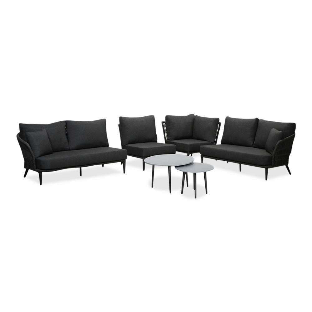 Palermo hoek loungeset met tussenmodule & betonlook tafels 6 personen | aluminium + touw | Lava Grey