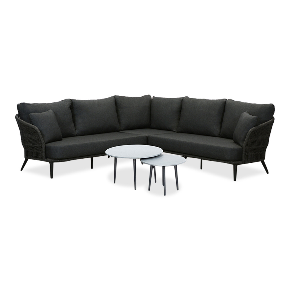 Palermo hoek loungeset met tussenmodule & betonlook tafels 6 personen | aluminium + touw | Lava Grey