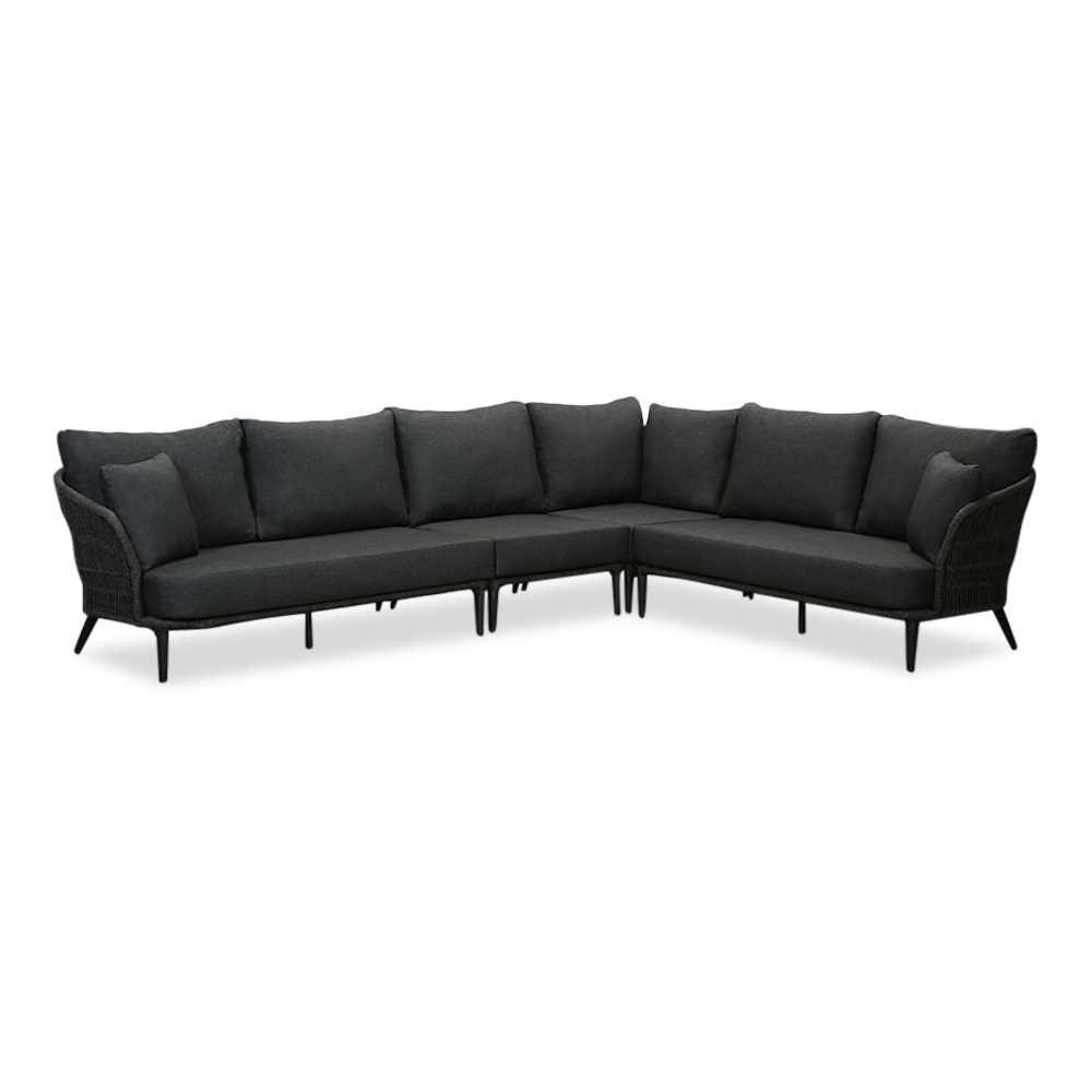 Palermo hoek loungeset met tussenmodule & betonlook tafels 6 personen | aluminium + touw | Lava Grey