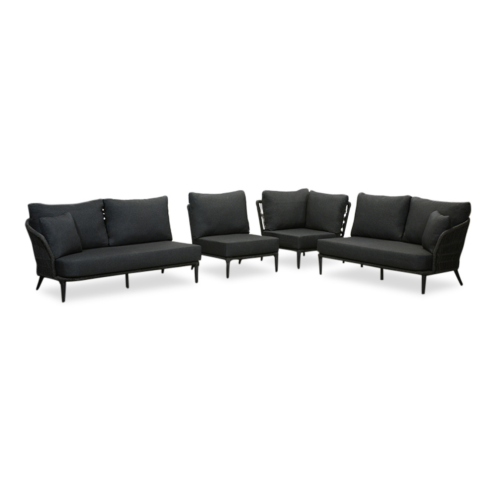 Palermo hoek loungeset met tussenmodule & betonlook tafels 6 personen | aluminium + touw | Lava Grey