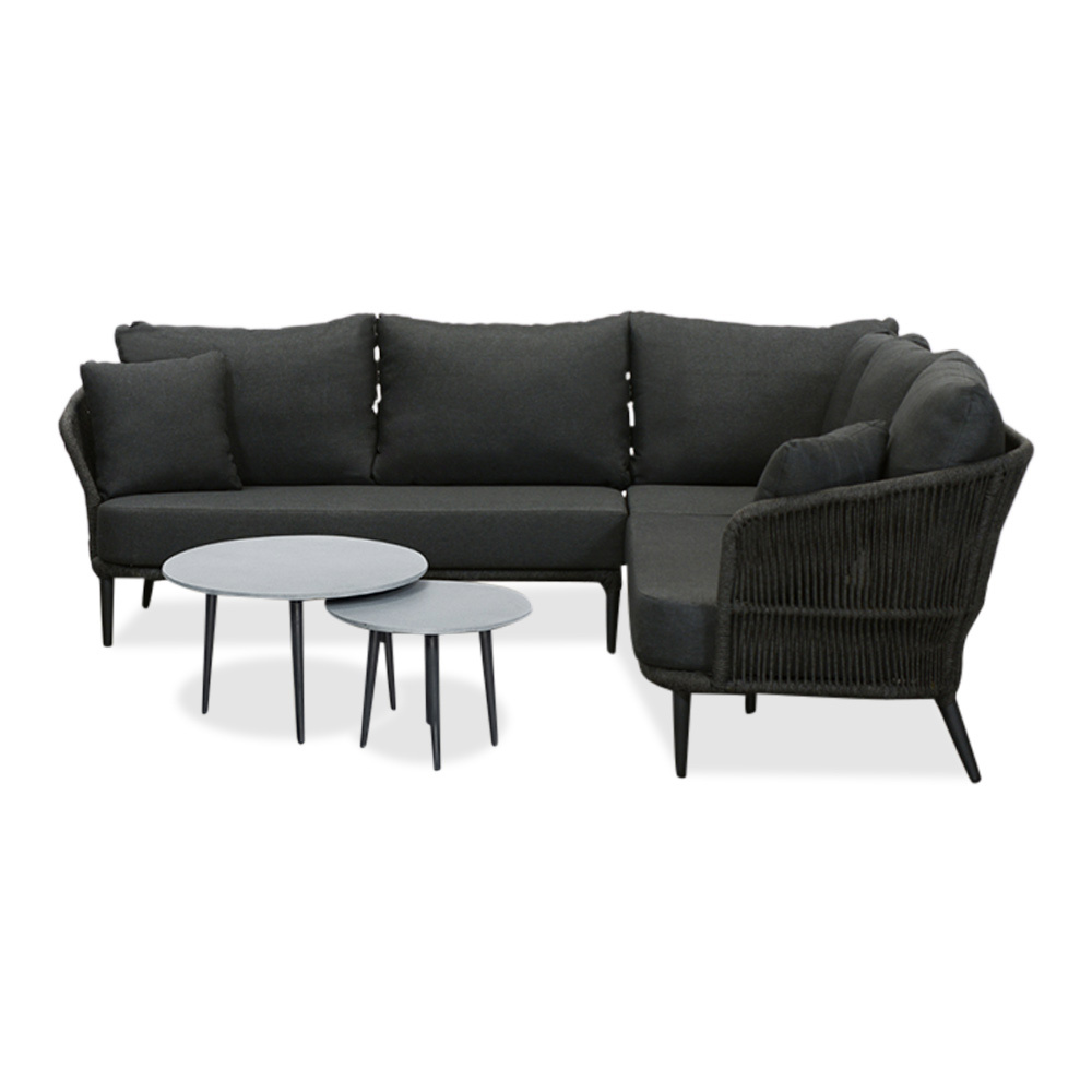 Palermo hoek loungeset met betonlook tafels 5 personen | aluminium + touw | Lava Grey | 6-delig