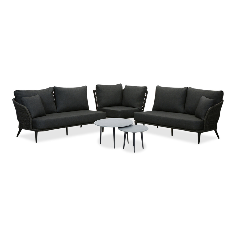 Palermo hoek loungeset met betonlook tafels 5 personen | aluminium + touw | Lava Grey | 6-delig