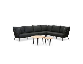 Palermo hoek loungeset met tussenmodule & teak tafels 6 personen | aluminium + touw | Lava Grey