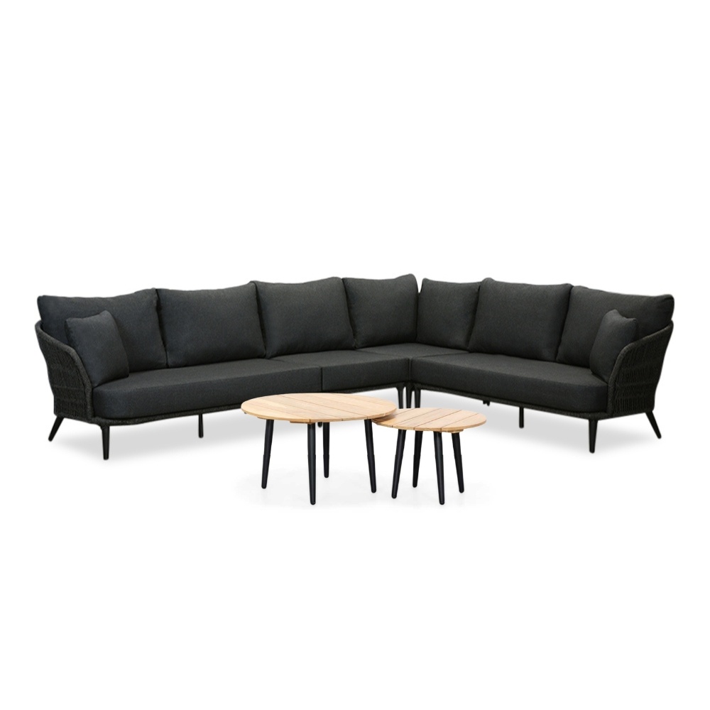 Palermo hoek loungeset met tussenmodule&teak tafels 6 personen | aluminium + touw | Lava Grey afbeelding