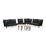 Palermo hoek loungeset met tussenmodule & teak tafels 6 personen | aluminium + touw | Lava Grey