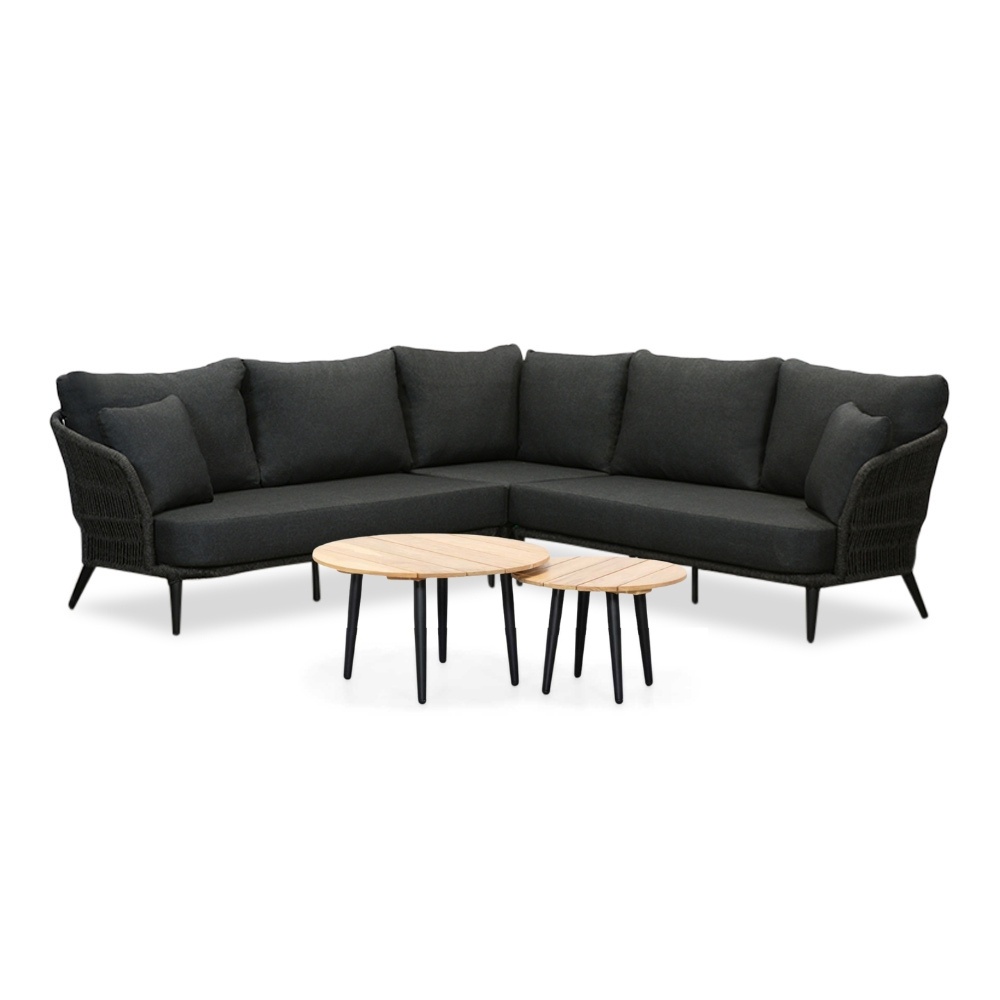 Palermo hoek loungeset met tussenmodule & teak tafels 6 personen | aluminium + touw | Lava Grey