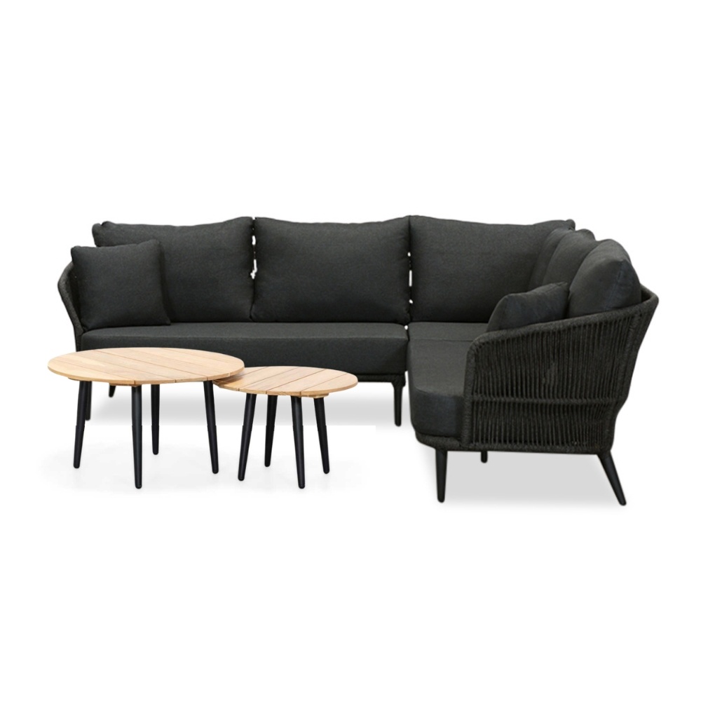 Palermo hoek loungeset met teak tafels 5 personen | aluminium + touw | Lava Grey | 6-delig